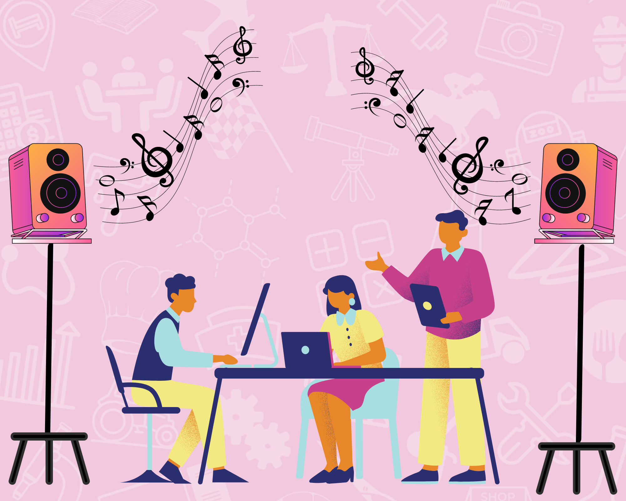 an image of employees at a desk listening to music